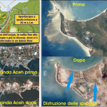 Effetti dello tsunami di Sumatra simili a quelli riscontrati in Giappone. Figura a sinistra in alto è indicato il percorso dell’acqua che ha superato lo spartiacque tra il versante sud occidentale e quello nord occidentale nell’area abitata di Banda Aceh (Sumatra settentrionale). Al centro è rappresentata l’area costiera di Banda Aceh prima dello tsunami; in basso è riprodotta la stessa area dopo lo tsunami. Figura a destra: Effetti dello tsunami che ha completamente distrutto le spiagge costituite da sabbia bioclastica ed ha asportato il suolo.