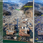 Il devastante impatto dello tsunami(al centro e a destra) nell’area urbana di Onagawa (a sinistra prima dell’evento). La città è ubicata su un istmo  a forma di dosso con uno spartiacque a quota di circa 24-25 m. Il flusso di acqua marina e detriti lo ha superato riversandosi rovinosamente lungo il versante opposto (parte A della freccia). Il flusso di acqua e detriti di ritorno (frecce B) ha completato la distruzione.