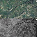 Figura 12:  Urbanizzazione di Posada e della pianura alluvionale circostante nel 1954 (immagine in basso) e nel 2006 (immagine in alto). E' evidente che dopo il 1954 c'è stata una limitata occupazione del territorio più basso soggetto ad inondazione come accaduto il 18 novembre 2013.