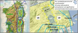 Figura 14:  A sinistra è riportato il percorso, fino ad Olbia, dei cumulonembi lungo la fascia orientale della Sardegna. A destra è schematizzata la terminazione settentrionale del percorso dei cumulonembi nella zona di Monte Pinu, nella parte alta del bacino del Riu de Seligheddu.