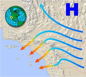 La configurazione barica ideale per l'attivazione dei venti di "Santana" nel sud della California