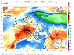 Le anomalie termiche dei primi 15 giorni di luglio 2015 in Europa