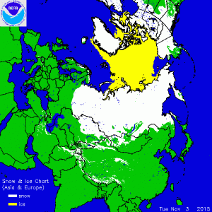 L'attuale estensione del manto nevoso nell'area eurasiatica (credit NOAA)