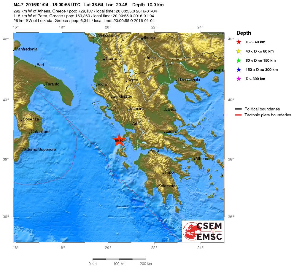 Αποτέλεσμα εικόνας για Terremoto, scossa magnitudo 4.0 a largo della costa ionica della Grecia
