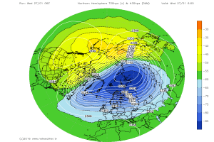 Si nota l'asse del vortice polare (colore blu) coricato fra la Russia e l'Europa