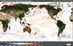 Si nota l'effetto di rimescolamento delle acque oceaniche sul Pacifico orientale