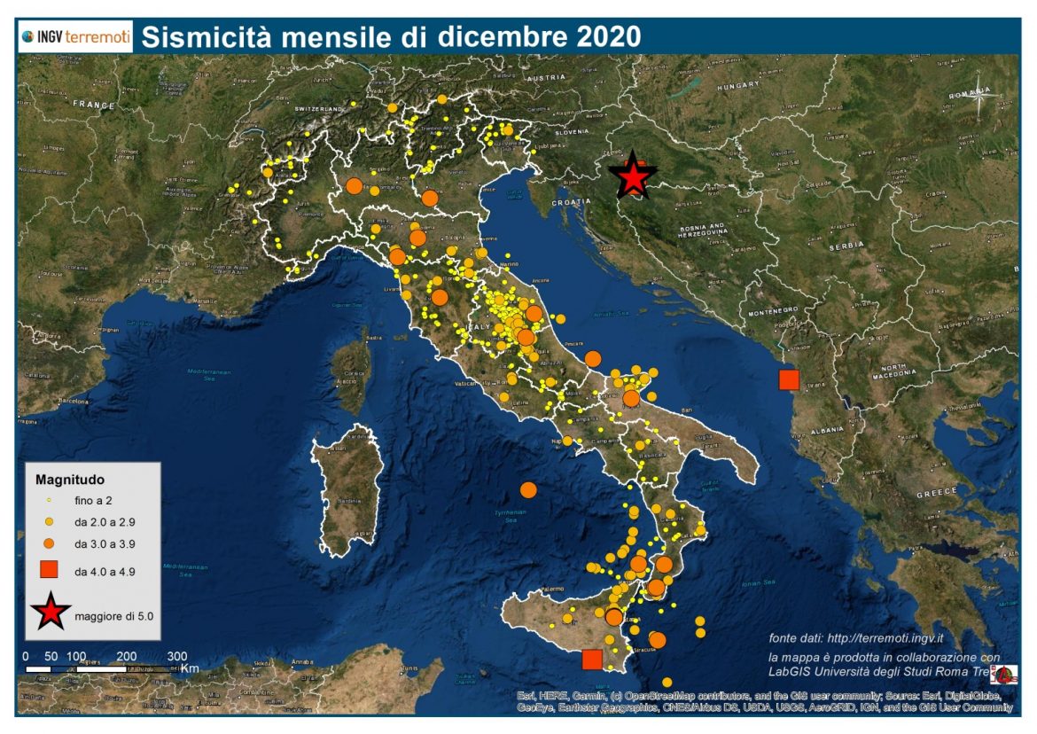 Terremoti, le mappe mensili della sismicità: a dicembre 1224 eventi, 12