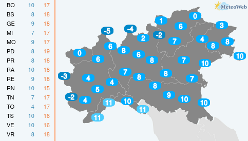 Temperature Minime Lunedi 16 Marzo