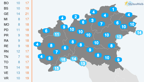 Temp MIN Giovedi 29 Ottobre Temperature Minime Giovedi 29 Ottobre