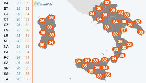 Temperature Massime Martedi 11 Agosto