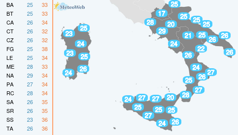 Temperature Minime Martedi 11 Agosto
