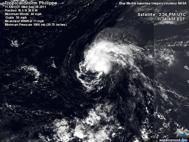 La tropical storm "Philippe" sull'Atlantico centro-orientale