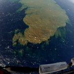 An aerial view shows a stained area in the sea, on the south coast of the Canary Island of El Hierro