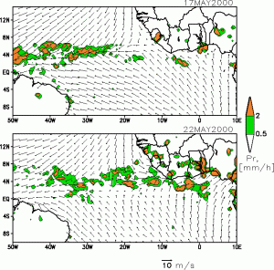 La linea di convergenza del Monsone di Guinea e l'Aliseo di NE sull'Atlantico orientale, davanti l'Africa occidentale