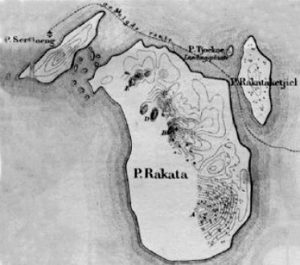 L’isola di Krakatoa (o Rakata) prima dell’eruzione, in un disegno tratto dall’opera del geologo olandese Rogier Verbeek, il primo a studiare nel dettaglio la catastrofe, essendo tra l’altro residente sull’isola di Giava al tempo del disastro