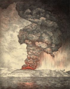 L’eruzione del Krakatoa in una litografia dell’epoca. Il rombo dell’esplosione principale venne avvertito dal Madagascar all’Australia (da Wikipedia)