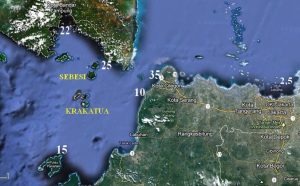 Lo Stretto della Sonda ed i luoghi della catastrofe. L’isola di Sebesi fu totalmente distrutta dallo tsunami. I numeri bianchi rappresentano le altezze delle onde nei luoghi corrispondenti. Il massimo run-up fu registrato a Merak, con circa 35 metri (da Googlemaps, modificata)