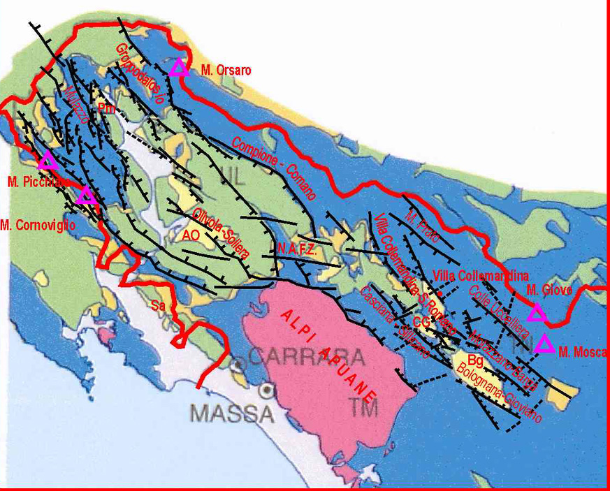 Schema geologico e principali elementi tettonici di Lunigiana ed alta Garfagnana. Le scosse più forti spesso hanno avuto epicentri nella parte centrale della mappa, in corrispondenza del sistema di faglie trasversali nella zona di transizione tra Lunigiana e Garfagnana (da Mantovani ed alii, 2012)