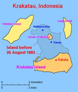 Oggi l’isola di Krakatoa è molto più piccola rispetto al 1883. Nel 1927 è sorto dalle acque Anak, “il figlio di Krakatoa”, un cono vulcanico che potrebbe in futuro provocare un’altra grande eruzione (da USGS e wikipedia)