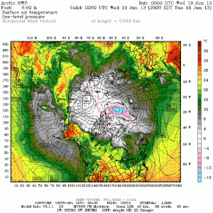 La mappa eleborata dal Polar Meteorology Group evidenzia la bolla d'aria calda che ieri copriva i territori dell'Alaska, dove i termometri sono schizzati oltre la soglia dei +36°C