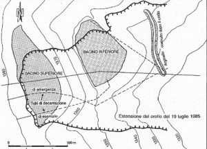 La mappa che rappresenta l’estensione del crollo dei bacini che provoca il disastro di Stava il 19 luglio 1985 (da G. Tosatti)