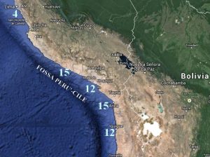Lo tsunami, originato da un fortissimo terremoto nei pressi della “fossa Perù-Cile”, devasta un buon tratto della costa sudamericana. I numeri rappresentano le altezze delle onde in metri nei punti corrispondenti. Tra le cittadine più colpite dallo tsunami Arica, Iquique ed Islay (da Googlemaps, modificata) 