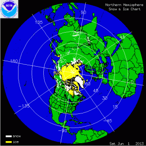 Evidente l'arretramento delle aree innevate oltre il Circolo polare artico in Maggio (credit NOAA)