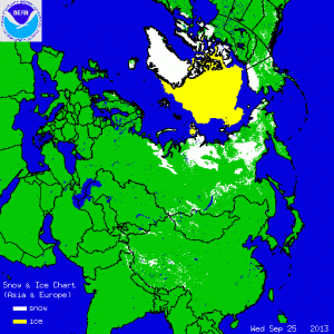 Si notano le prime ampie aree recentemente innevate fra la Siberia orientale e parte di quella centrale (credit NOAA)