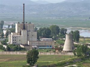 A North Korean nuclear plant is seen before demolishing a cooling tower in Yongbyon