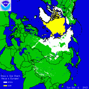 Si nota il vasto innevamento delle lande siberiane, con una copertura bianca estesa fino al lago Bajkal e al nord della Mongolia (credit NOAA)
