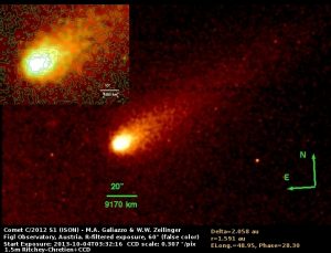 Fig.1 - immagine (in falso colore) presa al telescopio austriaco dal Dr. Galiazzo e dal Prof. Zeilinger, il 4 Ottobre del 2013, con la cometa che aveva appena superato il punto di massimo avvicinanza a Marte (1 ottobre). Magnitudine in rosso, pari a 13.2.