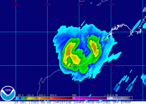 Le precipitazioni attese sulle coste del Kimberley prima del "landfall" di "Christine"