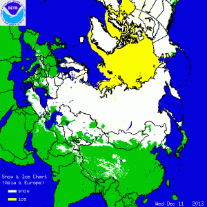 L'estensione del manto nevoso su gran parte dell'area siberiana (credit NOAA)