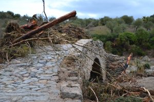 Un tipico esempio di come i detriti, ostruendo la luce dei ponti, impediscano il regolare deflusso delle acque. Qui siamo in località Papaloppe dove il ponte di epoca romana ha comunque resistito alla furia delle acque che lo hanno “scavalcato” senza abbatterlo totalmente (foto F. Secchi)