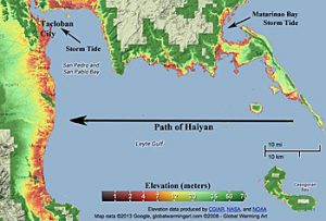 Nell'immagine  impatto del tifone nella zona di Tablocan con l'altezza delle onde sviluppatesi a causa del successivo Tsunami
