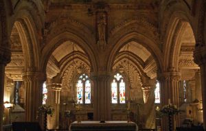 Interior of Rosslyn Chapel - both Master and Apprentice Pillars visible
