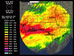 La fascia di precipitazioni torrenziali che ha investito ieri la città di Pensacola, nella Florida occidentale