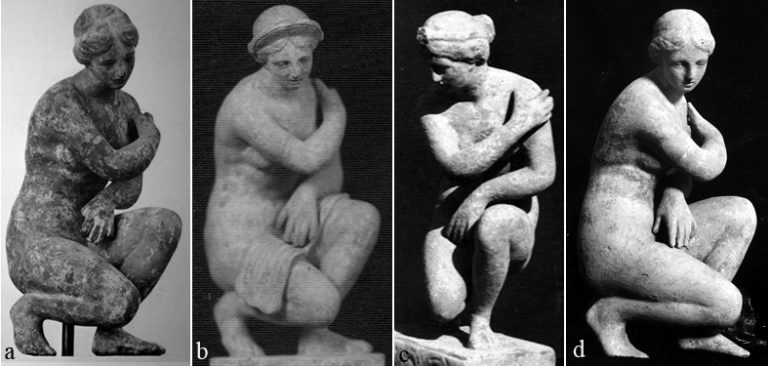 Afrodite accovacciata. a) Terracotta del J. Paul Getty Museum di Los Angeles. b e c) Esemplari prodotti da A. Biondi d) L’esemplare originale in una foto d’epoca.