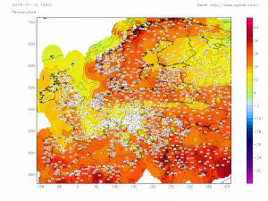 Si notano le temperature particolarmente elevate osservate ieri sulla Scandinavia, con punte di oltre +34°C in Norvegia