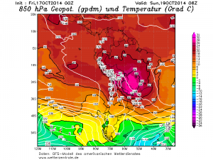 Il modello GFS delle isoterme a 850 hpa mostra la presenza di valori davvero elevatissimi fra Bolivia, Paraguay e Brasile meridionale