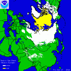 Si nota la decisa estensione del manto nevoso (neve fresca) su gran parte del comparto siberiano, con una notevole estensione delle aree sottoposte all'effetto "Albedo" (credit NOAA)