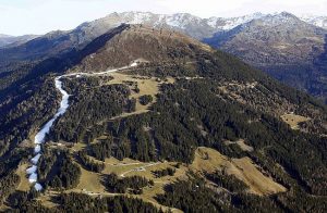 An aerial view shows snowless slopes on Patscherkofel mountain in the western Austrian city of Innsbruck