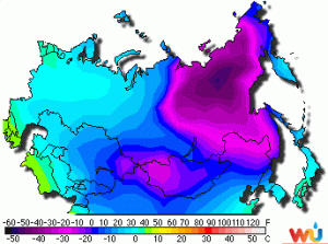 Il grosso del gelo siberiano si localizza sulla Repubblica di Jacuzia, dove i termometri scendono sotto il muro dei -52°C