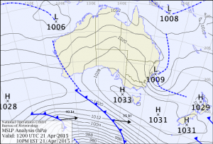 La mappa elaborata dal servizio meteorologico australiano mette in evidenza il fitto "gradiente barico orizzontale" sul bord sud del piccolo ciclone responsabile dei forti venti che hanno investito l'area di Sydney