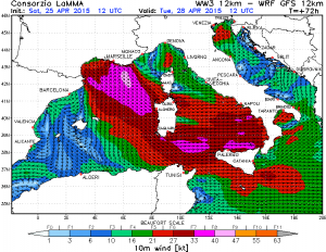 L'intensa ventilazione attesa nella giornata di martedì sulle due Isole Maggiori (credit Consorzio Lamma)