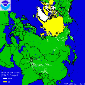 Si nota la fusione, ormai quasi completa, delle ultime tracce di neve al suolo sulle terre boreali (credit NOAA)