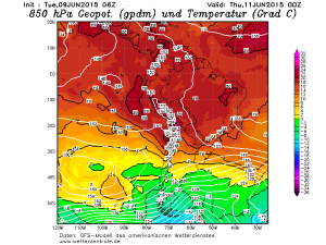 L'intensa ondata di freddo diretta verso la Terra del Fuoco, si nota l'isoterma di -10°C a 850 hpa fino allo Stretto di Magellano