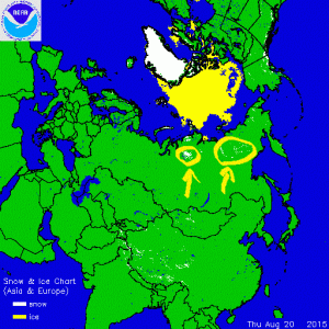 Ecco le aree imbiancate dalle prime nevicate di stagione sul nord della Siberia centrale (credit NOAA)
