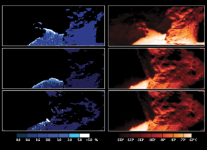 Mappe dell’abbondanza di ghiaccio d’acqua (a sinistra) e temperature superficiale (a destra) della regione della cometa 67P/Churyumov–Gerasimenko denominata Hapi. Queste mappe sono basate su immagini e spettri raccolti dallo strumento VIRTIS della sonda Rosetta, dall’alto verso il basso, nei giorni 12, 13 e 14 settembre 2014. Comparando le due serie di mappe, gli scienziati hanno trovato che, specie nelle zone a sinistra di ciascun fotogramma, il ghiaccio d’acqua è più abbondante nelle zone più fredde (in bianco per le mappe della distribuzione del ghiaccio, corrispondenti alle zone più scure nelle mappe della temperatura superficiale), mentre è meno abbondante o assente nelle zone più tiepide (in blu scuro per le mappe della distribuzione del ghiaccio, corrispondenti alle zone più brillanti nelle mappe della temperatura superficiale). Una proprietà interpretata come l’effetto di un andamento ciclico della distribuzione del ghiaccio ad ogni rotazione del nucleo cometario. Credit: ESA/Rosetta/VIRTIS/INAF-IAPS/OBS DE PARIS-LESIA/DLR; M.C. De Sanctis et al (2015)