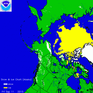 Si nota la striscia bianca che comincia a coprire l'estremo nord dell'Alaska dopo una stagione estiva molto calda (credit NOAA)